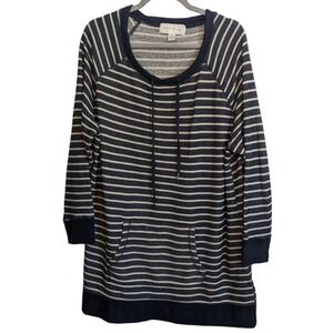 French Laundry Striped Cowl Neck Tunic Sweatshirt 3X Navy Cream Raglan Plus Size